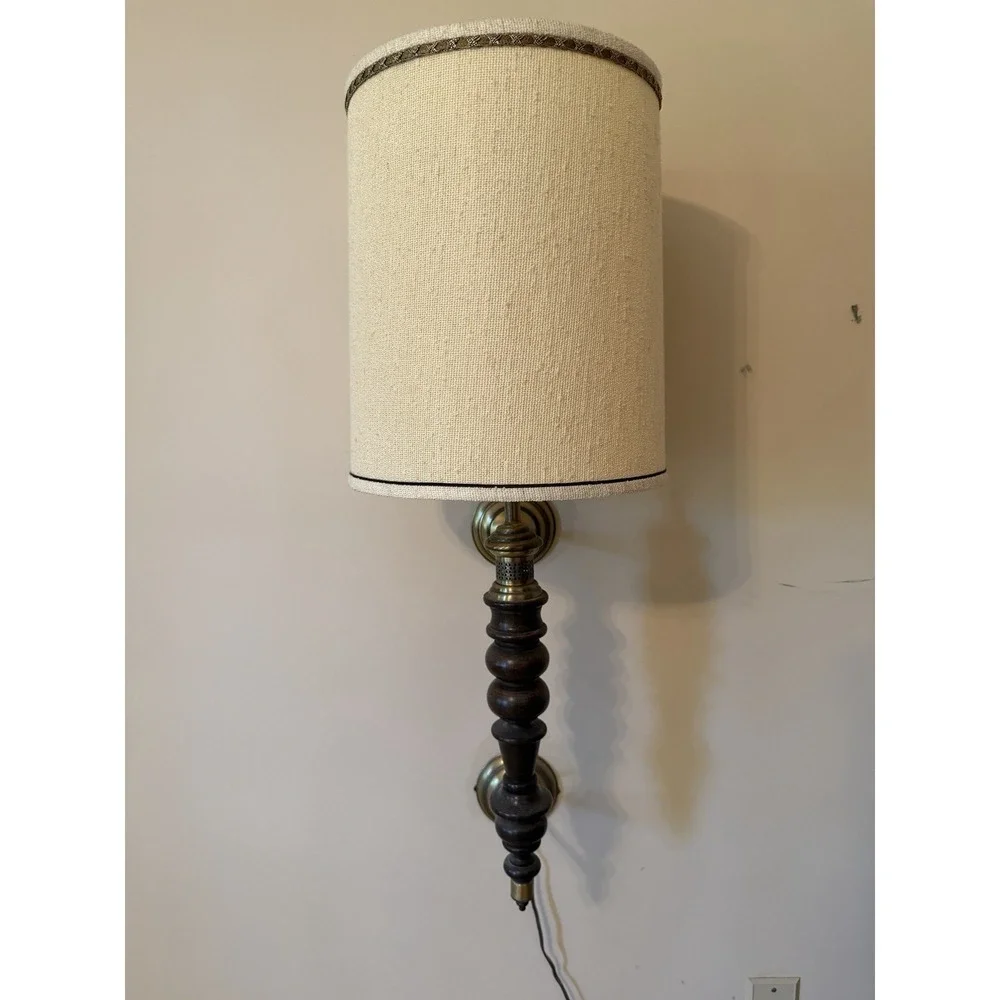 Vintage Roman Column Wall Sconce Lamp Wood Brass Org Linen Shade MCM Style